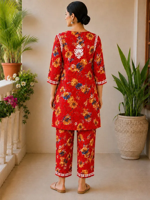 Red_Rayon_Floral_Print_Chikankari_Co-ord_Set_For_Women