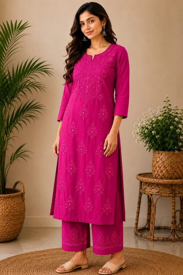 Pink_Chanderi_Chanderi_Chikankari_Kurti_Pant_Set_For_Women