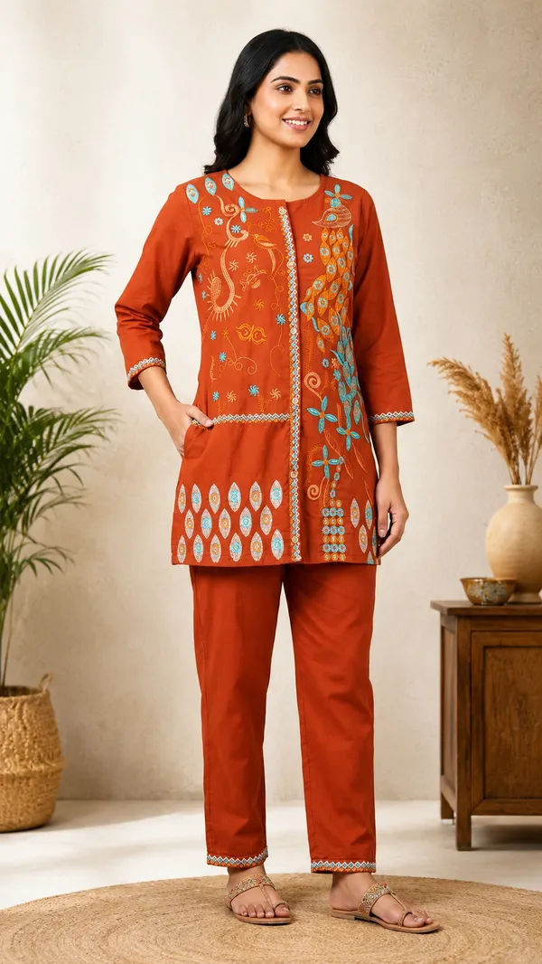 Orange_Cotton_Embroidered_Co-ord_Set_For_Women