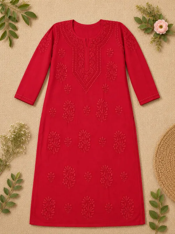 Red_Rayon_Chikankari_Kurta_Palazzo_Set_with_Dupatta_For_Women