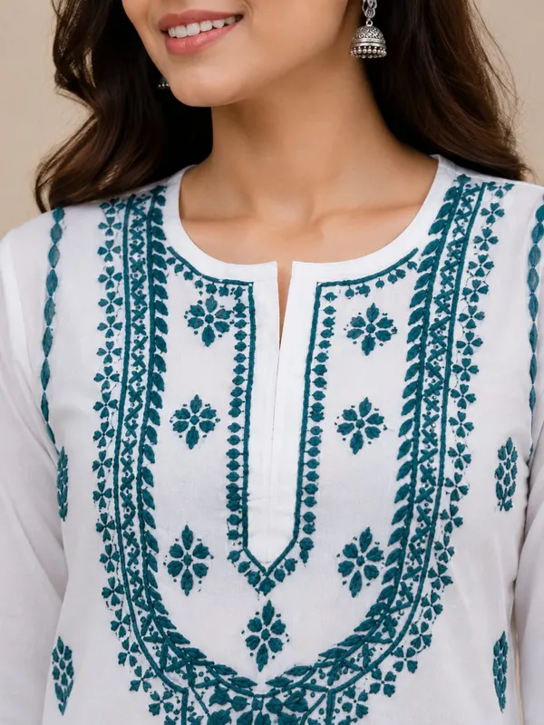 White_And_Blue_Cotton_Chikankari_Kurti_For_Women
