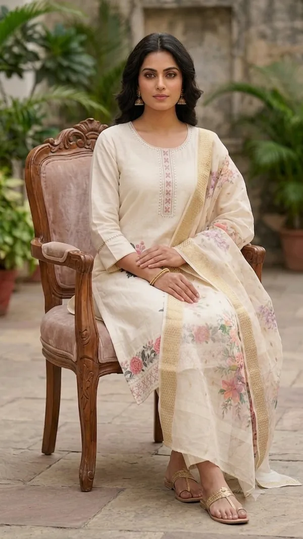 White_70%_Silk,_30%_Polyester_Straight_Kurta_Set_For_Women
