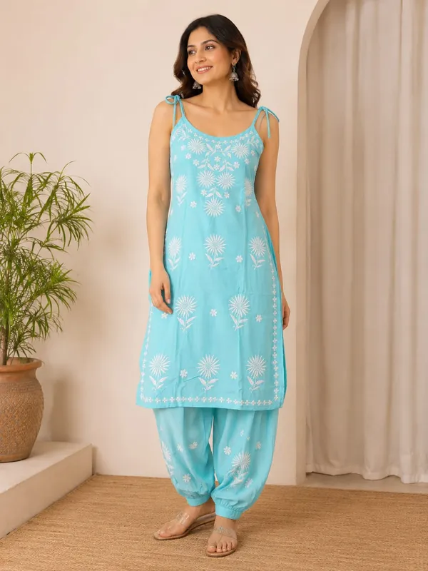 Blue_Rayon_Chikankari_Sleeveless_Kurta_Pajama_Set_For_Women