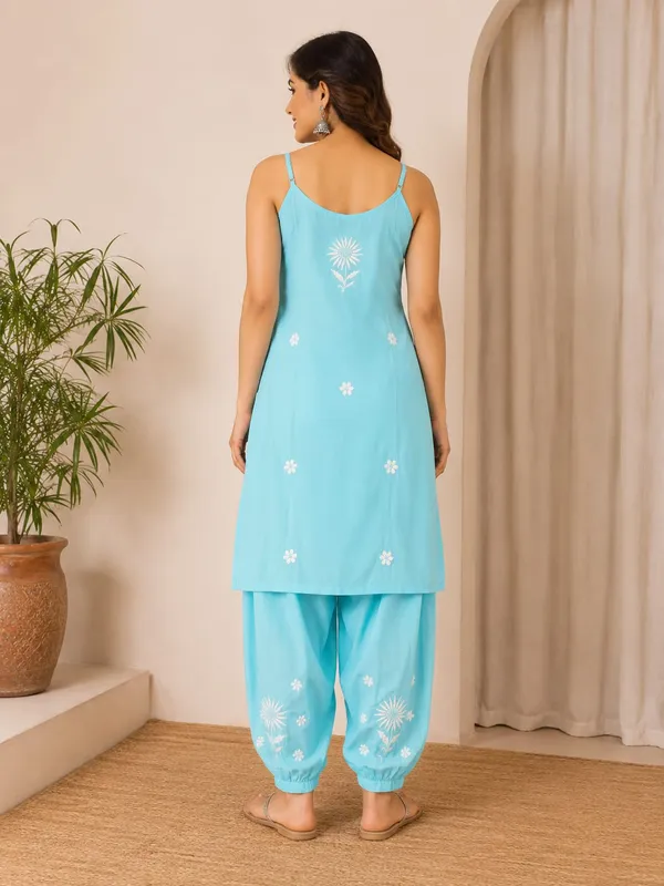 Blue_Rayon_Chikankari_Sleeveless_Kurta_Pajama_Set_For_Women