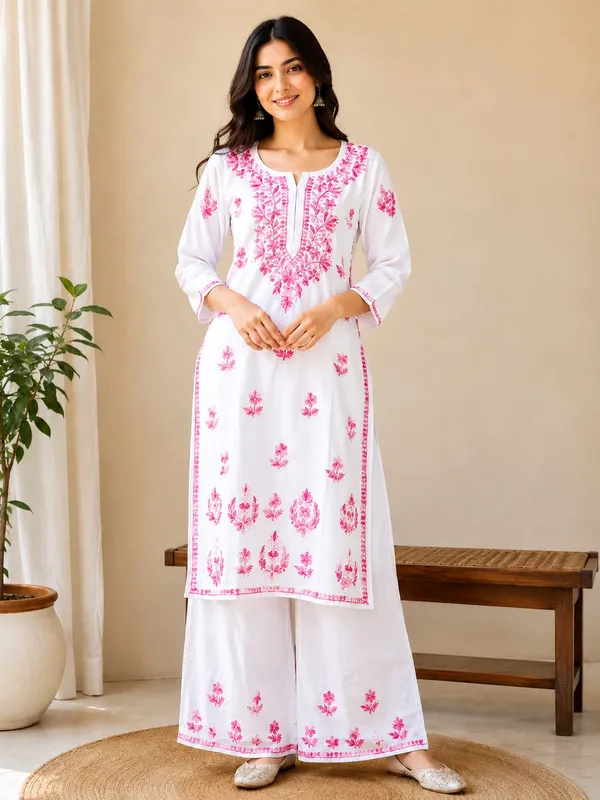 White_And_Pink_Rayon_Chikankari_Kurti_Palazzo_Set_For_Women