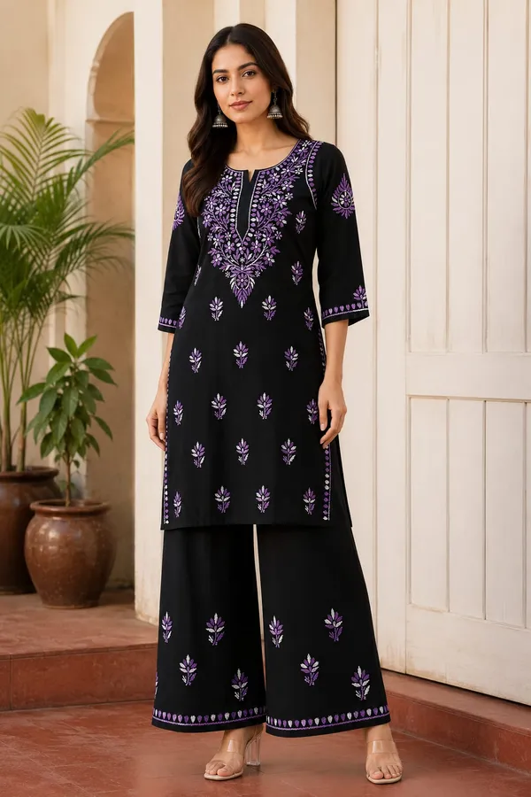 Black_And_Purple_Rayon_Chikankari_Palazzo_Set_For_Women