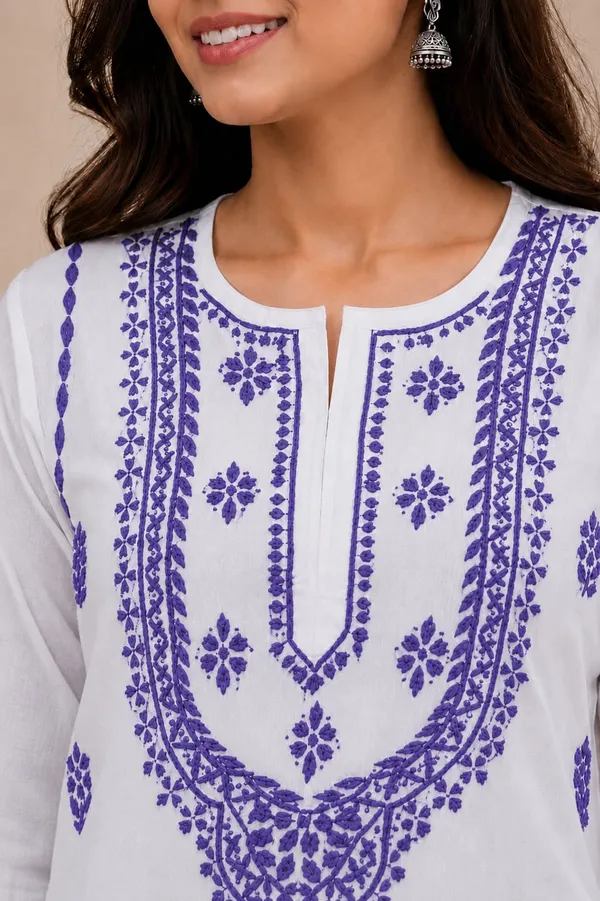 White_And_Purple_Cotton_Chikankari_Kurti_For_Women