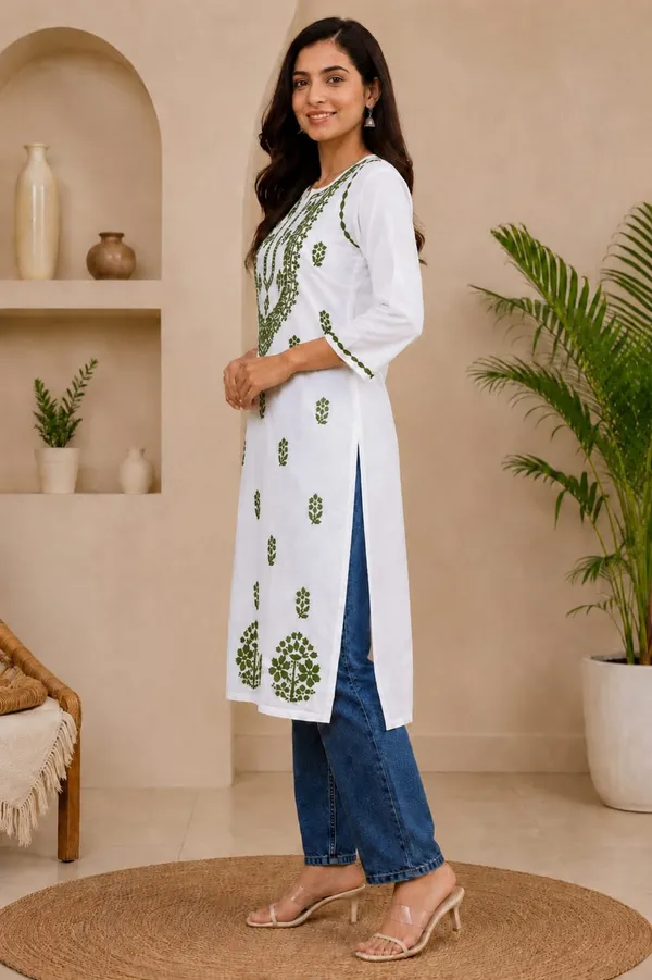 White_And_Green_Cotton_Chikankari_Kurti_For_Women