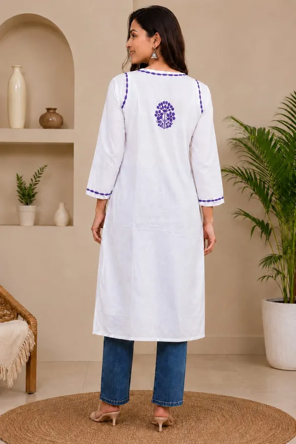 White_And_Purple_Cotton_Chikankari_Kurti_For_Women