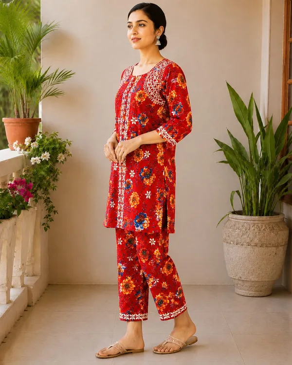 Red_Rayon_Floral_Print_Chikankari_Co-ord_Set_For_Women