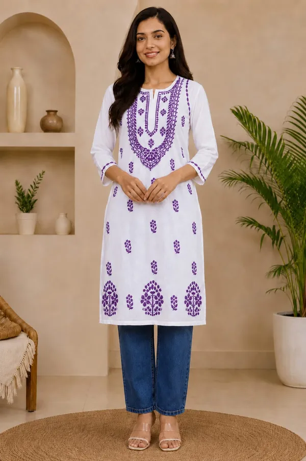 White_And_Purple_Cotton_Chikankari_Kurti_For_Women