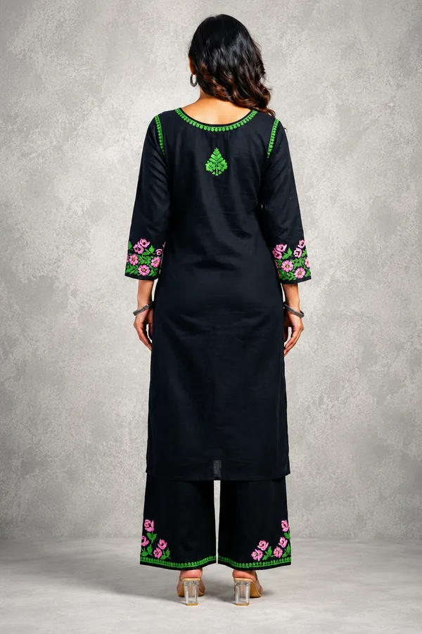 Black_And_Green_Modal_Chikankari_Kurti_Palazzo_Set_For_Women