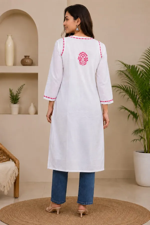 White_And_Pink_Cotton_Chikankari_Kurti_For_Women