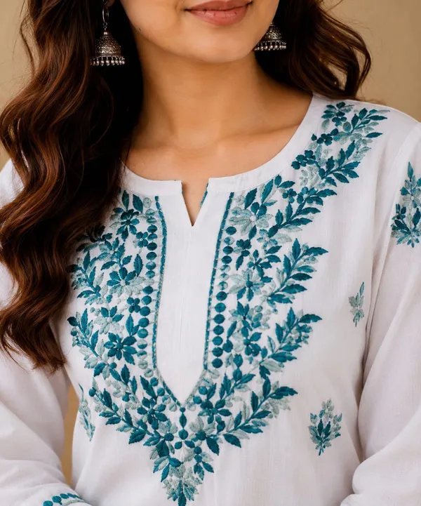 White_And_Blue_Rayon_Chikankari_Kurta_Palazzo_Set_For_Women
