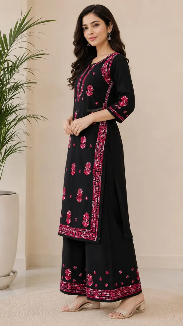 Black_Rayon_Chikankari_Kurti_Palazzo_Set_For_Women