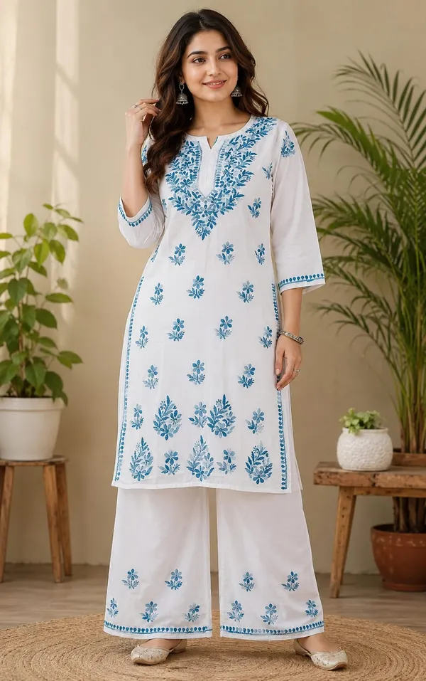 White_And_Blue_Rayon_Chikankari_Kurti_Palazzo_Set_For_Women