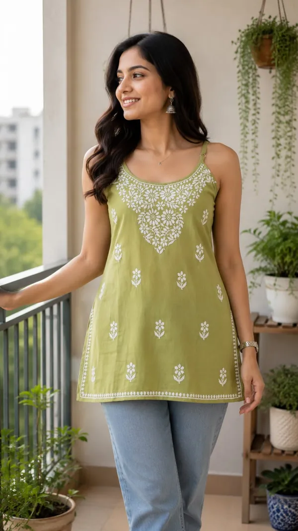 Green_Rayon_Chikankari_Sleeveless_Top_For_Women
