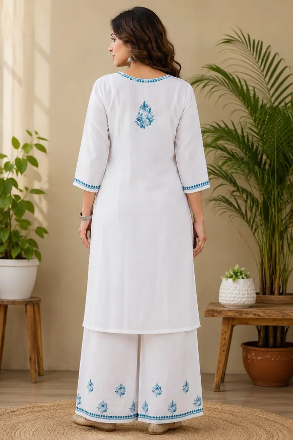 White_And_Blue_Rayon_Chikankari_Kurti_Palazzo_Set_For_Women
