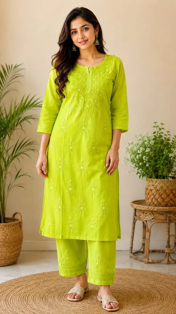 Green_Rayon_Chikankari_Kurti_Palazzo_Set_For_Women