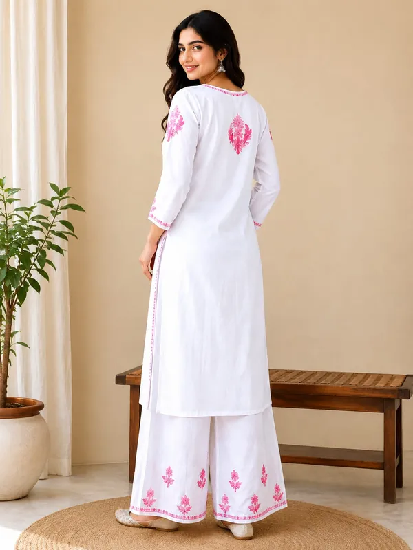 White_And_Pink_Rayon_Chikankari_Kurti_Palazzo_Set_For_Women