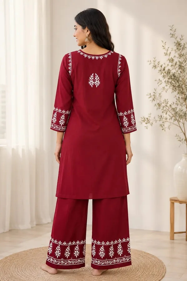 Maroon_Rayon_Chikankari_Co-ord_Set_For_Women