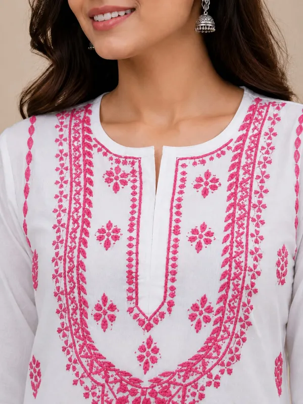 White_And_Pink_Cotton_Chikankari_Kurti_For_Women