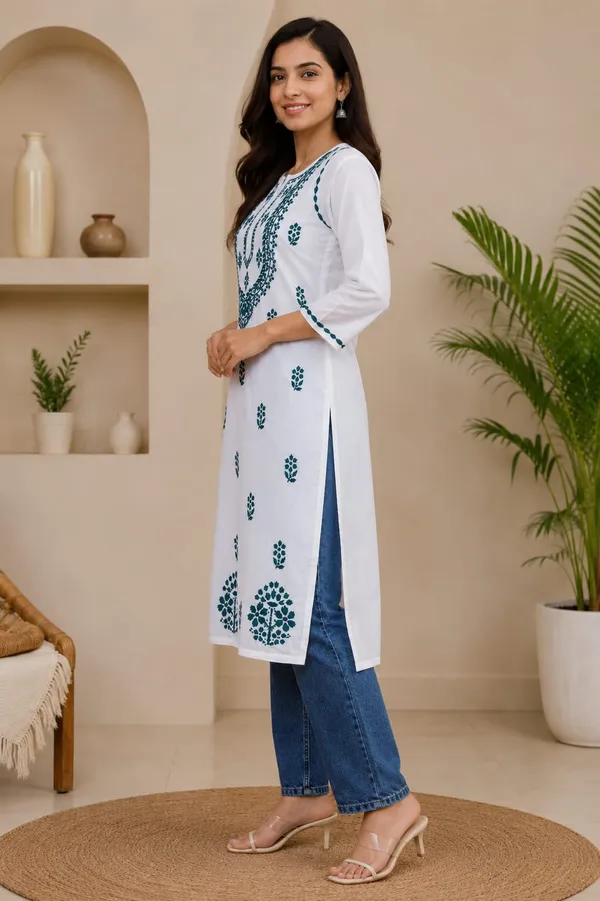 White_And_Blue_Cotton_Chikankari_Kurti_For_Women