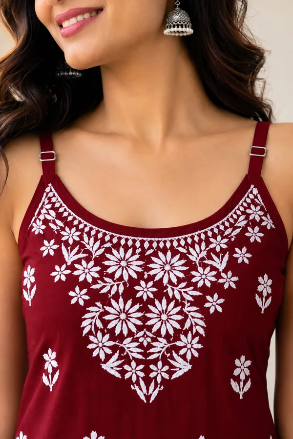 Maroon_Rayon_Chikankari_Sleeveless_Top_For_Women