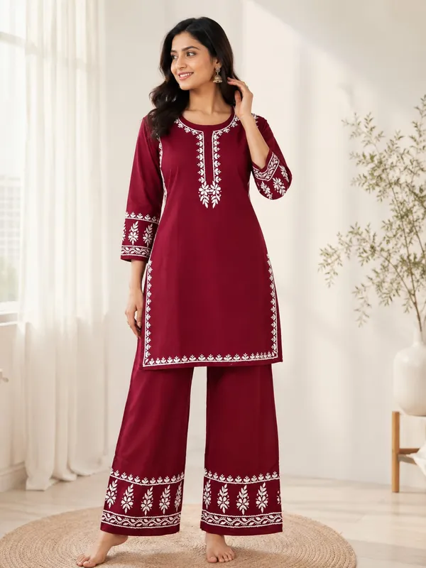 Maroon_Rayon_Chikankari_Co-ord_Set_For_Women