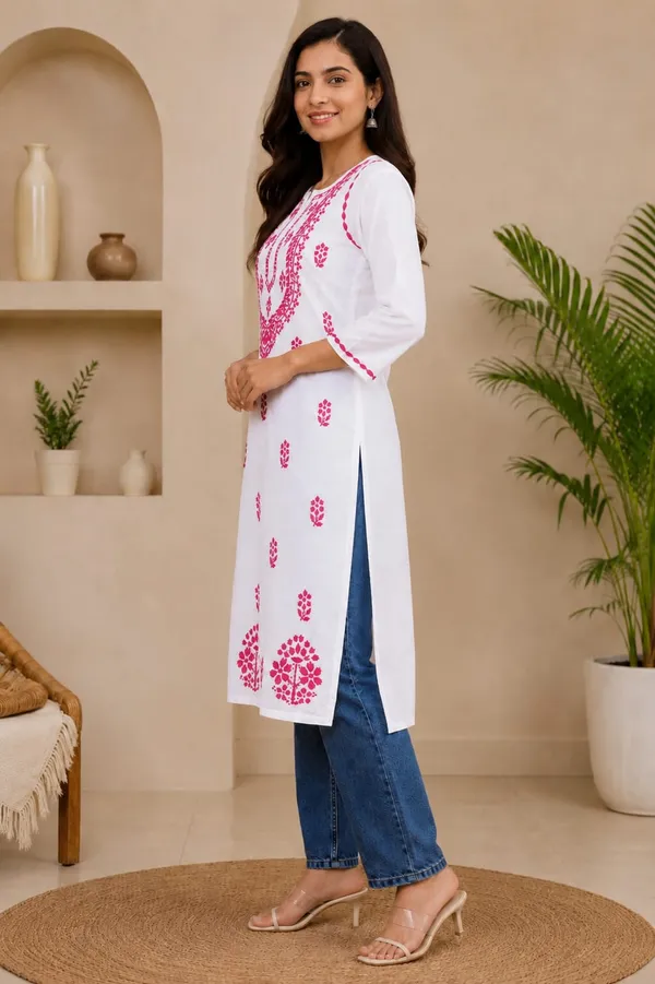White_And_Pink_Cotton_Chikankari_Kurti_For_Women