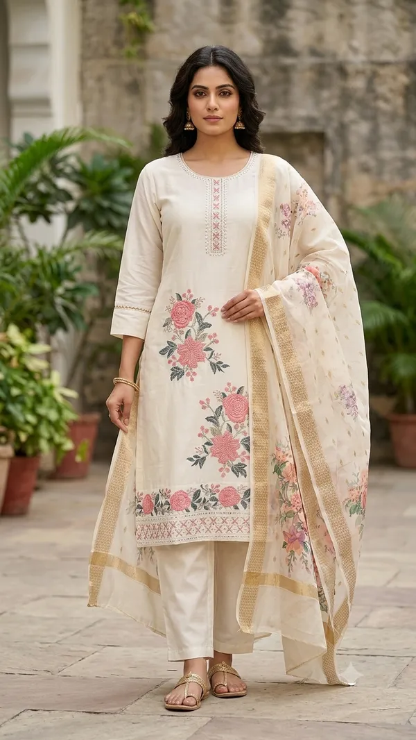 White_70%_Silk,_30%_Polyester_Straight_Kurta_Set_For_Women