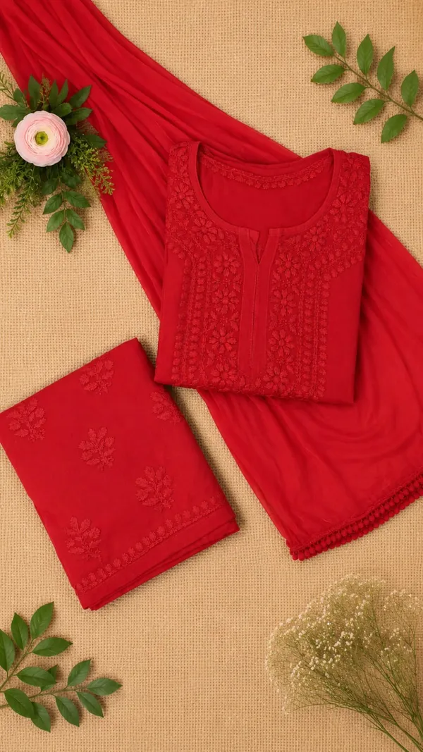 Red_Rayon_Chikankari_Kurta_Palazzo_Set_with_Dupatta_For_Women