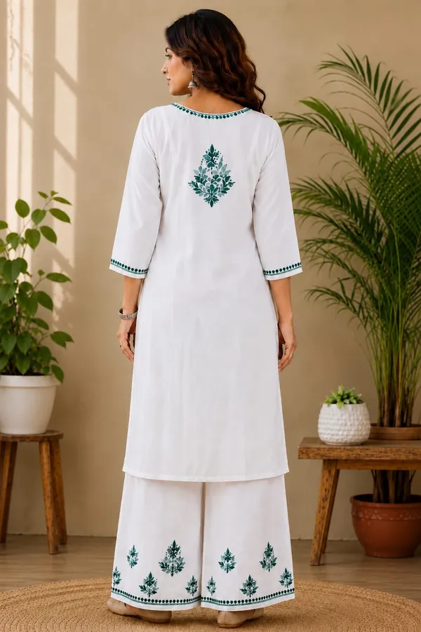 White_And_Blue_Rayon_Chikankari_Kurta_Palazzo_Set_For_Women