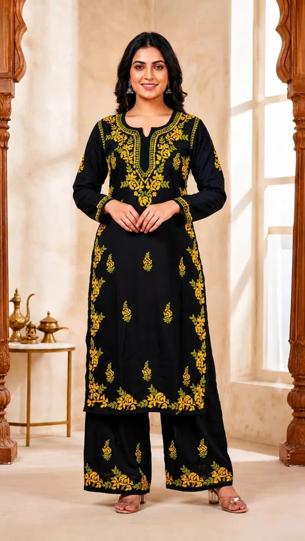 Black_And_Yellow_Modal_Chikankari_Palazzo_Set_For_Women