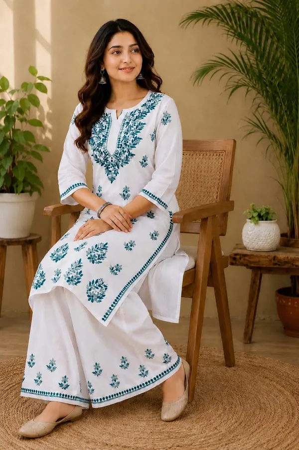 White_And_Blue_Rayon_Chikankari_Kurta_Palazzo_Set_For_Women