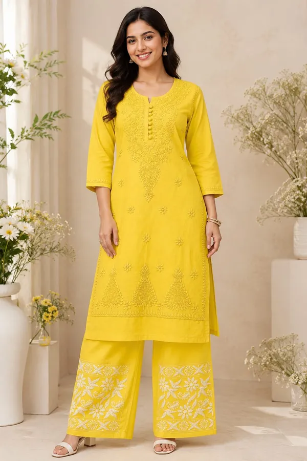 Yellow_Cotton_Chikankari_Kurti_Pant_Set_For_Women