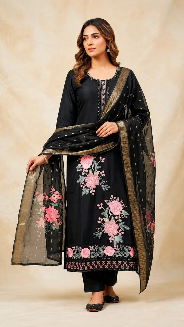 Black_70%_Silk,_30%_Polyester_Embroidered_Straight_Kurta_Set_For_Women