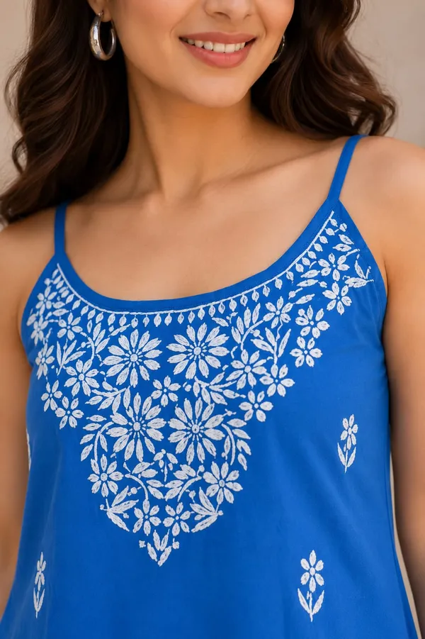 Blue_Rayon_Chikankari_Sleeveless_Top_For_Women