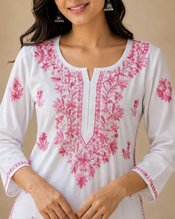 White_And_Pink_Rayon_Chikankari_Kurti_Palazzo_Set_For_Women