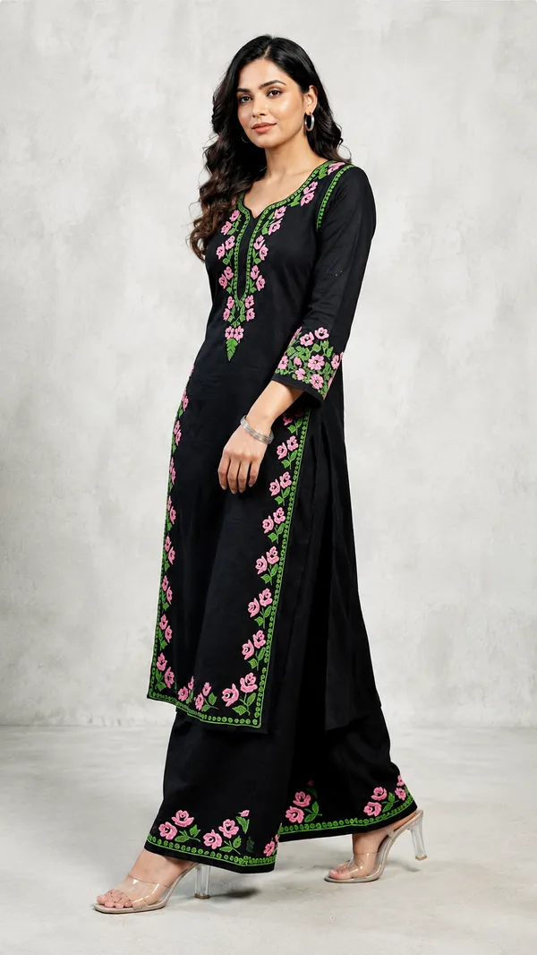 Black_And_Green_Modal_Chikankari_Kurti_Palazzo_Set_For_Women