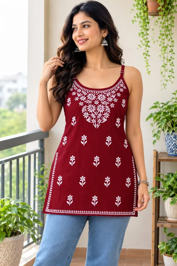 Maroon_Rayon_Chikankari_Sleeveless_Top_For_Women