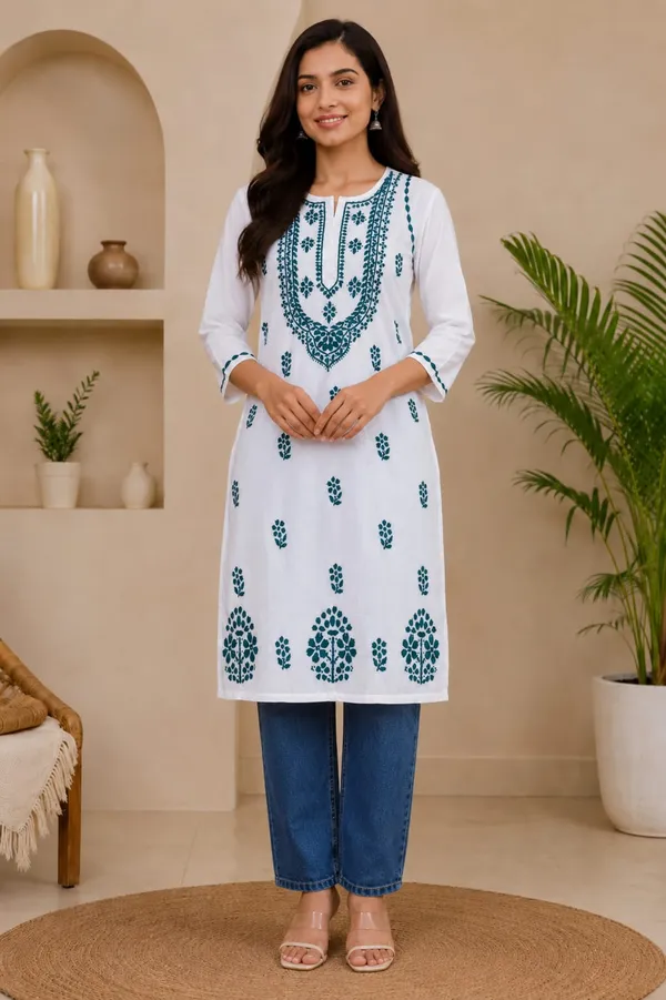 White_And_Blue_Cotton_Chikankari_Kurti_For_Women
