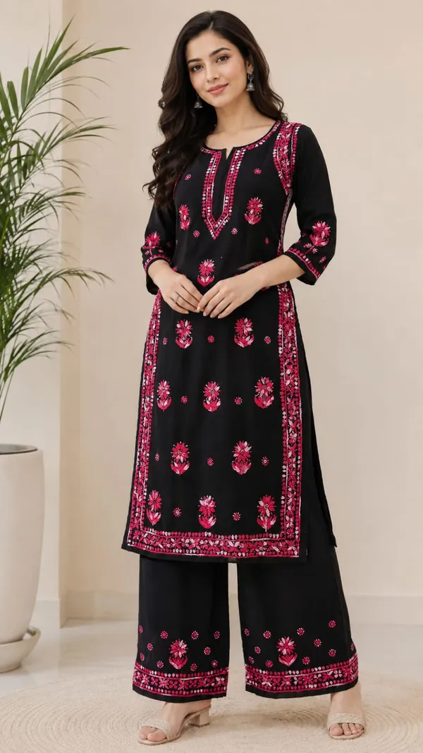 Black_Rayon_Chikankari_Kurti_Palazzo_Set_For_Women