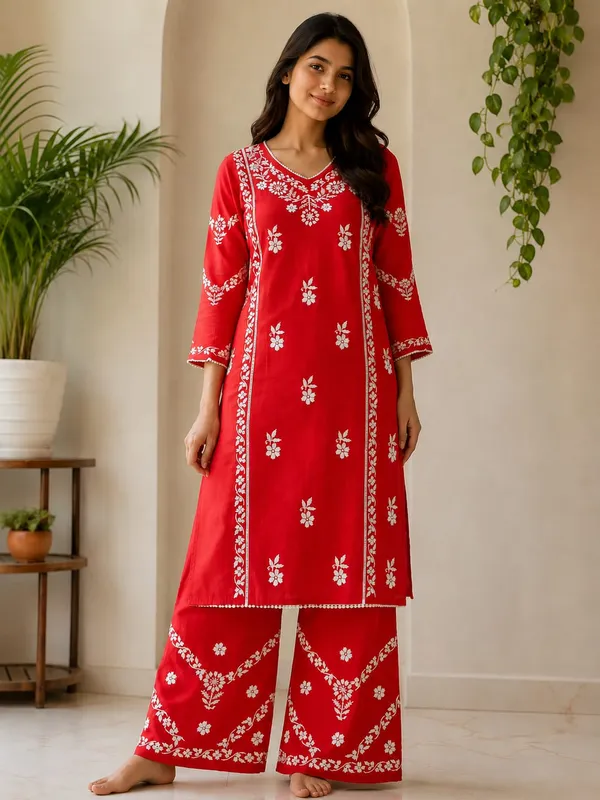 Red_Rayon_Chikankari_Palazzo_Set_For_Women