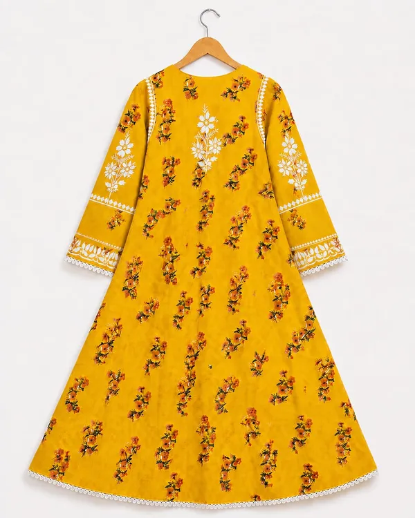 Yellow_Mul_Cotton_Floral_Print_Anarkali_Chikankari_Kurti_Pant_Set_For_Women