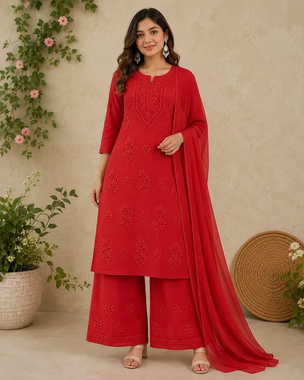 Red_Rayon_Chikankari_Kurta_Palazzo_Set_with_Dupatta_For_Women