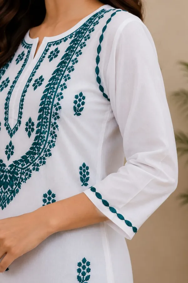 White_And_Blue_Cotton_Chikankari_Kurti_For_Women