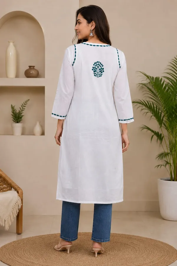 White_And_Blue_Cotton_Chikankari_Kurti_For_Women
