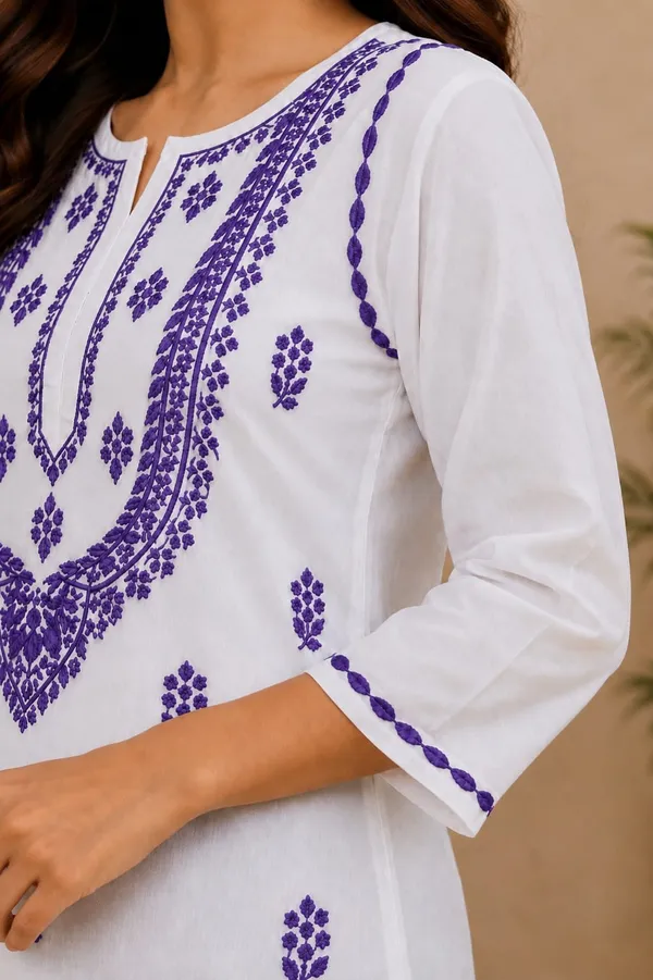 White_And_Purple_Cotton_Chikankari_Kurti_For_Women
