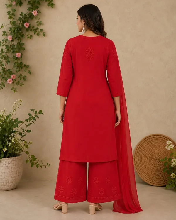 Red_Rayon_Chikankari_Kurta_Palazzo_Set_with_Dupatta_For_Women